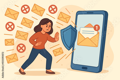 Woman Blocking Spam Emails and Unwanted Messages with Shield, Mobile Device Protection, Cybersecurity, Email Security, Digital Privacy, Anti-Spam Concept, Vector Cartoon Illustration
