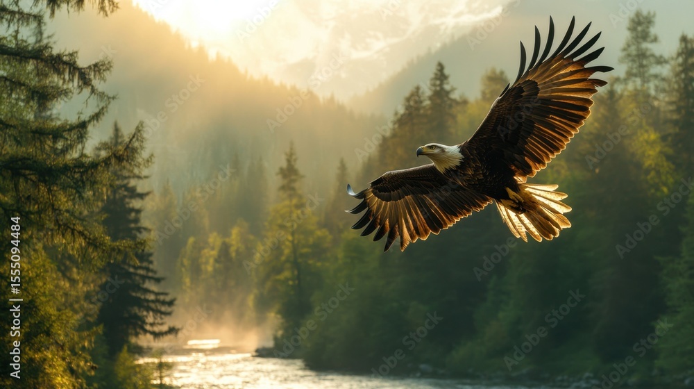 Obraz premium Soaring Eagle: A majestic bald eagle, with its wings spread wide, glides effortlessly against a stunning backdrop of a sun-drenched forest landscape, embodying freedom and power.