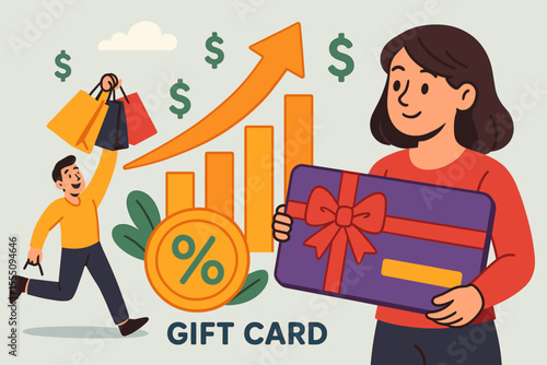 Gift card promotion concept. Shopping rewards, prepaid voucher, discount percentage, sales growth, customer loyalty, retail marketing strategy. Vector illustration with people and graph.