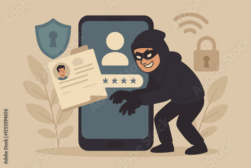 Cybersecurity threat hacker stealing personal data and passwords from smartphone. Identity theft, online privacy breach, digital crime, hacking, mobile device security risk vector illustration