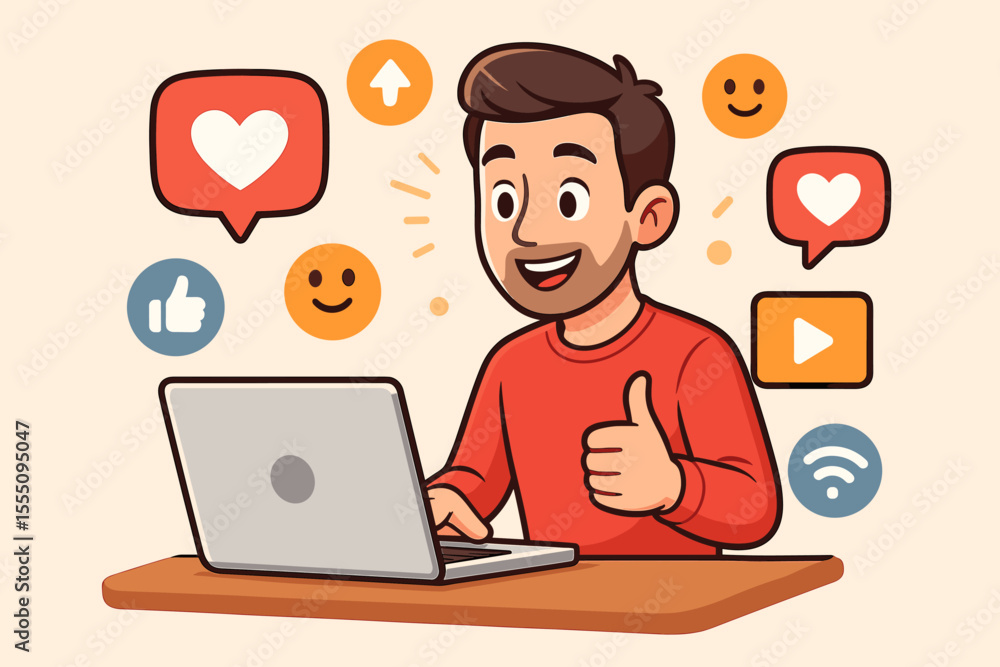 Happy influencer engaging in social media marketing on laptop, cartoon man giving thumbs up, surrounded by like, heart, smiley, play, and wifi icons, digital communication concept Happy influencer engaging in social media marketing on laptop, cartoon man giving thumbs up, surrounded by like, heart, smiley, play, and wifi icons, digital communication concept