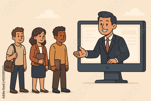 Diverse job seekers lining up for virtual employment opportunity, online recruitment, digital interview, human resources, business hiring process, cartoon vector illustration
