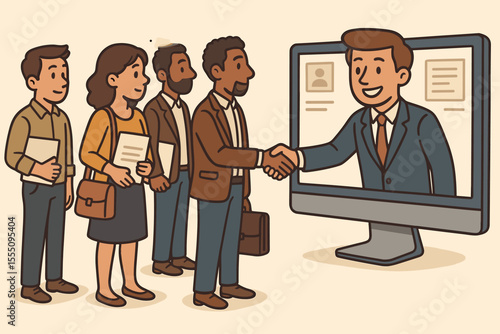 Job seekers lining up for online employment opportunity, virtual job interview handshake, digital recruitment process, remote hiring, career search, business people vector cartoon illustration