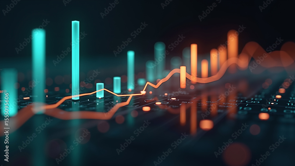 Fototapeta premium Glowing three-dimensional charts and vibrant neon graphs rise sharply from a polished black reflective surface, visually representing dynamic financial growth trends in a futuristic interface.