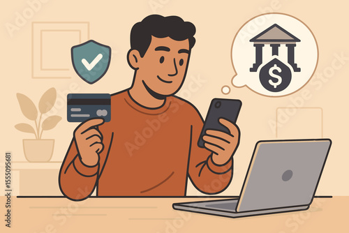Secure Online Payment and Money Transfer Concept. Man Using Credit Card and Smartphone for Safe Digital Banking, Mortgage or Loan Repayment, Financial Transaction. Vector Cartoon Illustration