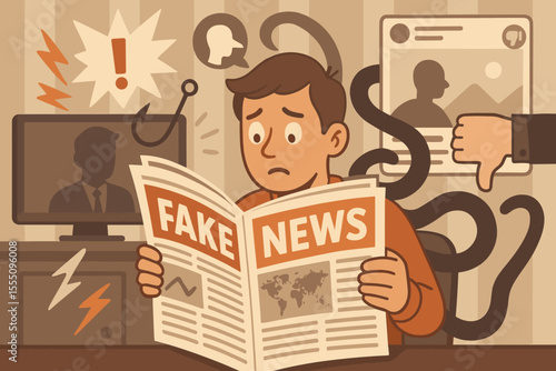 Misinformation deception in digital media, person overwhelmed by fake news, manipulated information, social media influence, disinformation, mass communication, media literacy concept illustration