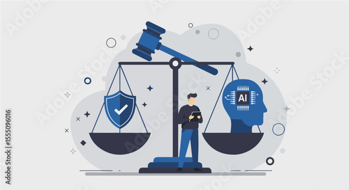 AI Ethics, Regulation, and Legal Compliance in Technology. Traditional justice symbols (scale, gavel, shield) emphasize AI regulation, ethics, & data protection, with human oversight.