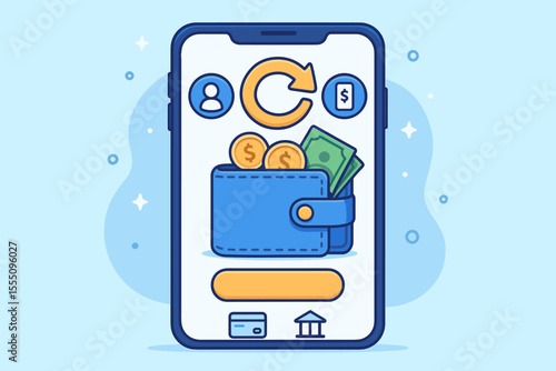 Mobile banking app interface with digital wallet, coins, cash, money transfer, online payment, financial transaction, secure banking, cartoon vector illustration, fintech technology concept