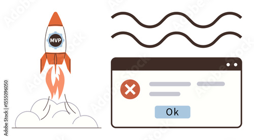 Rocket labeled MVP launching with flames alongside error message window. Ideal for startup growth, innovation, challenges, problem-solving, development, technology, brainstorming. A simple flat