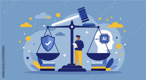 Balancing AI Ethics, Law, and Data Protection. A scale weighs security (shield) vs. AI tech (head with chip), overseen by a gavel, showing governance.