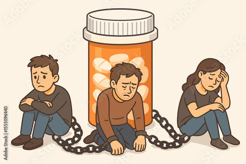 Opioid addiction crisis concept. People chained to large prescription pill bottle. Vector illustration of drug dependency, substance abuse, painkiller epidemic, mental health, social issue, despair
