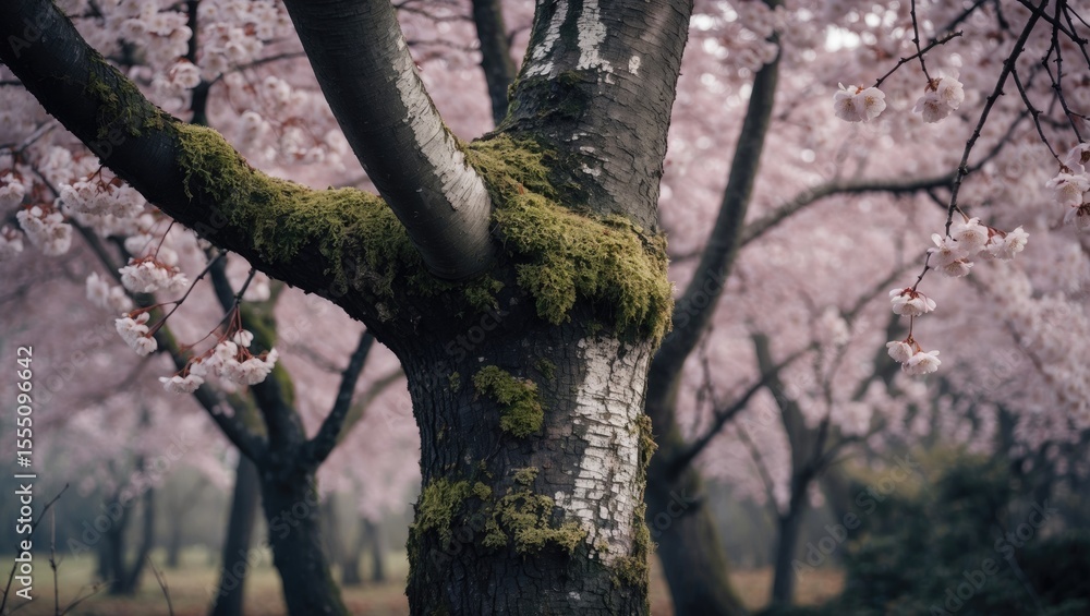 Fototapeta premium A close-up of a tree trunk with moss, surrounded by cherry blossoms in full bloom.