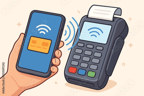 Contactless payment with smartphone at POS terminal. Digital wallet transaction, NFC mobile banking, wireless card reader, cashless checkout, secure e-payment, vector cartoon illustration