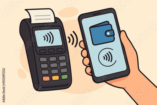 Contactless payment with smartphone at POS terminal. Digital wallet transaction, NFC technology, mobile banking, secure checkout, cashless purchase. Modern retail vector illustration