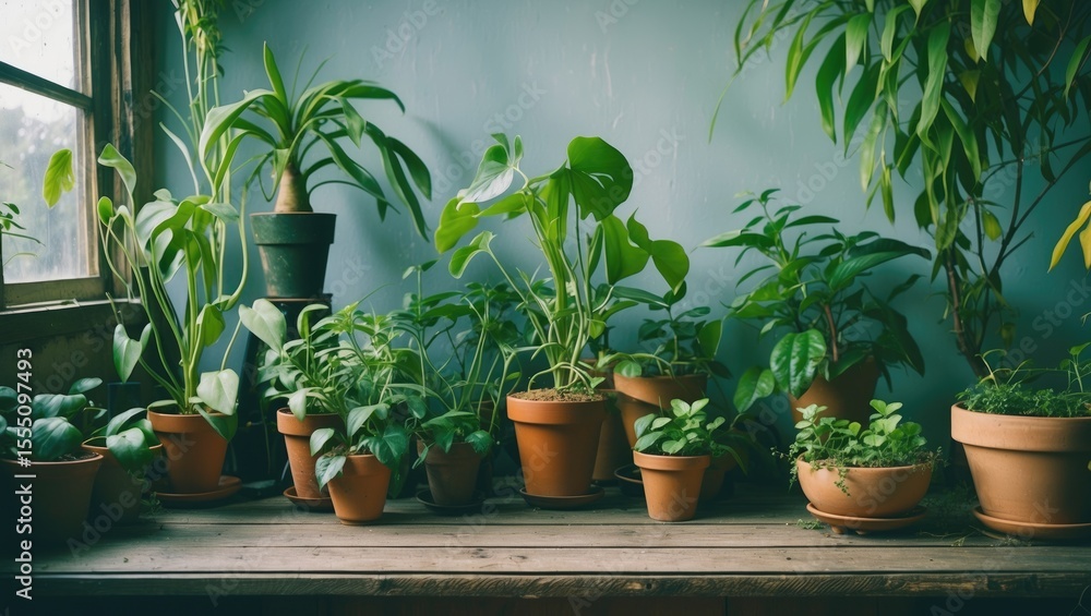 Multiple potted plants placed on a window sill with green foliage and natural light, creating a lush indoor garden setting. Multiple potted plants placed on a window sill with green foliage and natural light, creating a lush indoor garden setting.
