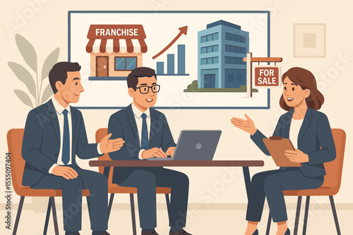 Business team meeting for franchise planning, commercial property investment, real estate sale, and financial strategy. Office discussion, businesspeople negotiating, growth concept illustration