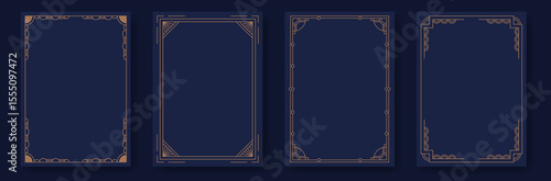Art deco frames. Modern luxury borders minimal line style, elegant gold geometric decoration labels, gala party blank poster and wedding invitation card design. Vector contemporary set