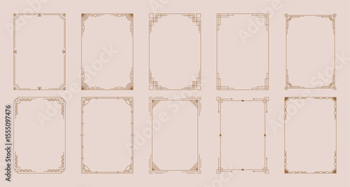Art deco frames. Elegant line ornament borders, luxury gold decorative labels for wedding invitation card, simple thin modern geometric antique vintage frame elements. Vector set