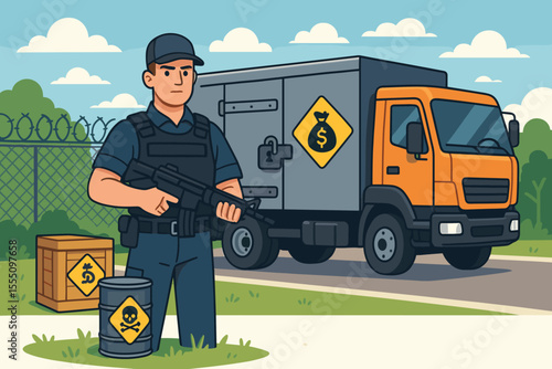 Armored Security Guard Protecting Valuable Cargo and Hazardous Materials, Armed Escort, Money Transport Truck, Safety, Risk Management, Secure Delivery, Industrial Security Vector Illustration