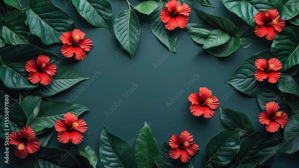 Bright red hibiscus flowers with green leaves arranged around a central empty space on a dark background. Bright red hibiscus flowers with green leaves arranged around a central empty space on a dark background.