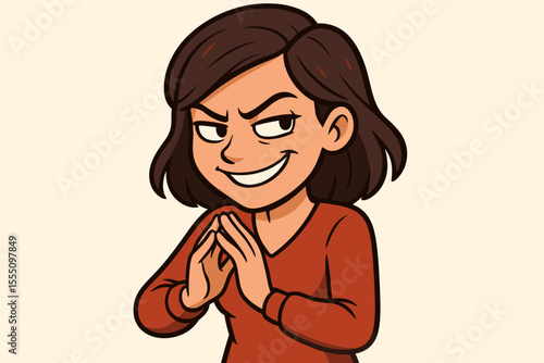 Cunning young woman plotting revenge, sly expression, mischievous female character with clasped hands, strategic thinking, clever plan, cartoon vector illustration, scheming concept
