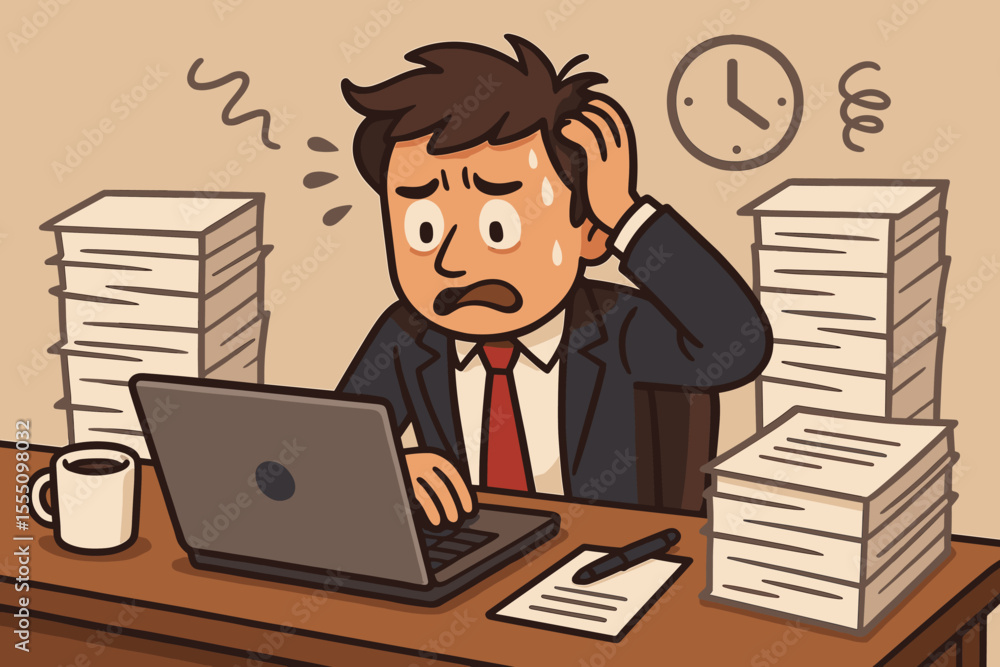 Overwhelmed stressed businessman at office desk with laptop, paperwork piles, deadline pressure, anxiety, burnout, cartoon vector illustration, corporate stress, workplace mental health concept Overwhelmed stressed businessman at office desk with laptop, paperwork piles, deadline pressure, anxiety, burnout, cartoon vector illustration, corporate stress, workplace mental health concept