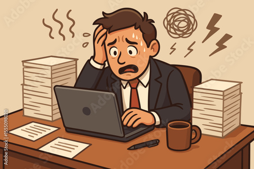 Overwhelmed stressed businessman at office desk with laptop, paperwork piles, anxiety, burnout, deadline pressure, mental health crisis, cartoon vector illustration, workplace stress concept