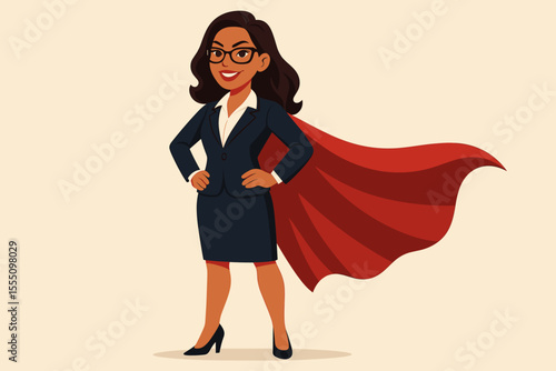 Confident businesswoman superhero in suit with red cape, empowerment leadership concept, strong female executive, powerful professional woman, vector cartoon illustration, motivation, success