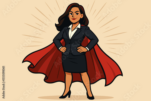 Confident businesswoman superhero standing in power pose, red cape, leadership concept, empowerment, successful female executive, vector cartoon illustration, motivation, inspiration, no text