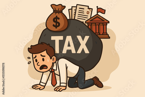 Overwhelmed taxpayer carrying heavy tax burden cartoon. Financial pressure, government debt, money stress, tax season, business finance crisis, paperwork overload, IRS, economic hardship vector
