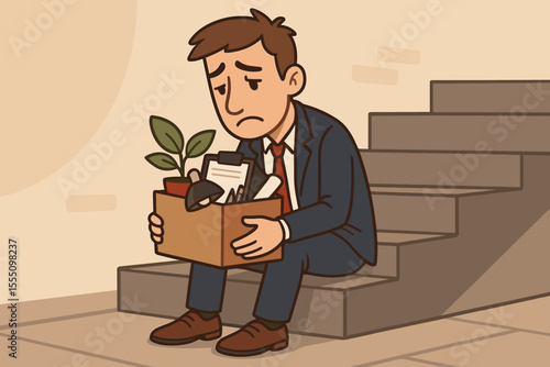 Sad dismissed office worker in business suit sitting on stairs with box of personal belongings, symbolizing unemployment, job loss, layoff, career crisis, termination, vector cartoon illustration