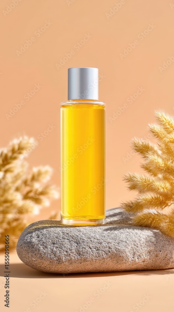 Yellow Shampoo Bottle on Textured Stone with Dried Flowers Yellow Shampoo Bottle on Textured Stone with Dried Flowers