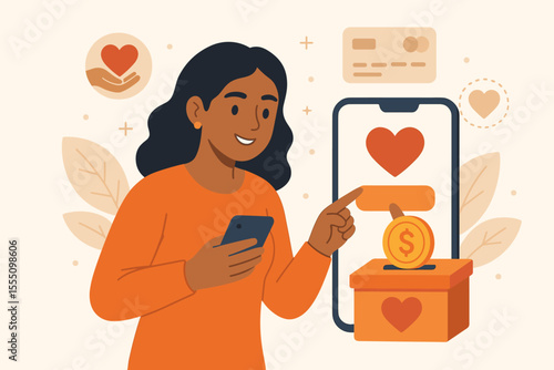 Woman Donating Money Online Using Smartphone. Charity Donation, Mobile Payment, Digital Fundraising, Giving Platform, Financial Support, Philanthropy Concept. Vector Illustration