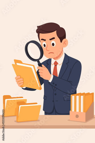 Businessman searching files with magnifying glass. Office worker investigating a document. Concept of data analysis, research, inspection, audit, compliance, and verification.