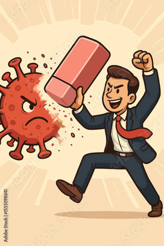 Businessman character erasing coronavirus. Metaphor for business recovery, defeating pandemic, and finding a solution. Conceptual illustration of victory over the covid-19 virus.