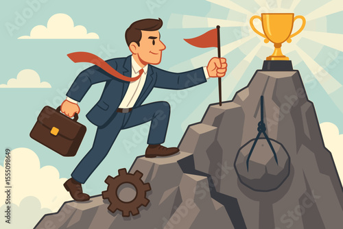 Businessman climbing a mountain to success. Career path metaphor with a man reaching for a trophy. Concept of overcoming obstacles, leadership, ambition, and achieving goals. Vector.