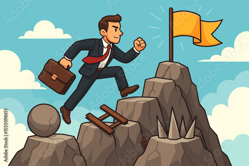 Businessman overcoming obstacles on career path. Concept of challenge, success, and ambition. Man climbing mountain to reach goal. Metaphor for progress, determination, and growth.