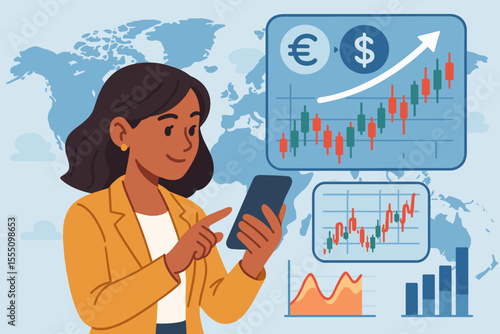 Businesswoman using mobile app for forex trading and stock market investment. Female investor analyzing financial data, currency exchange chart on smartphone. Global economy concept.