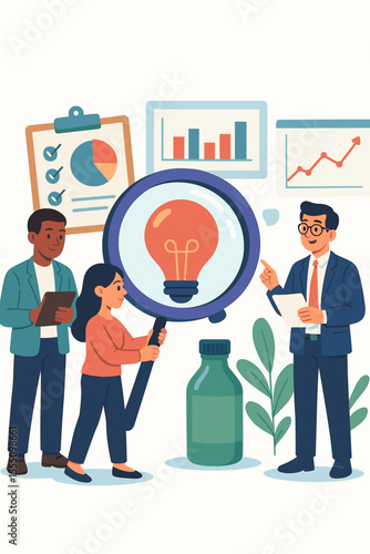 Business team analyzing product prototype. Market research and new product development concept. Data analysis, quality control, strategy and innovation for a successful launch.