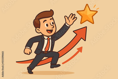 Ambitious businessman cartoon running up a growth arrow to reach for a star. Business success, aspiration, and achievement concept. Vector illustration of career development.