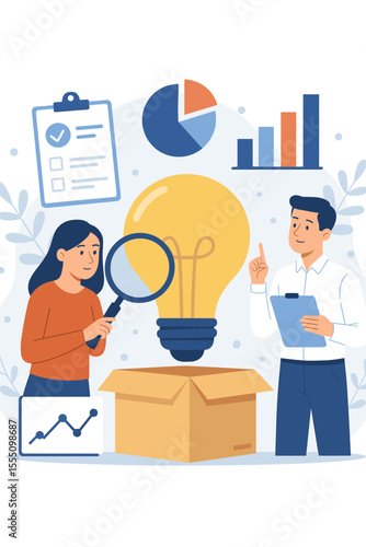 Business team analyzing product prototype for market research. Concept of new product development, innovation, and startup strategy. Data analysis and creative idea teamwork vector.