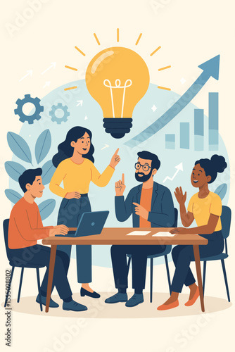 Brainstorming session with a diverse team collaborating on creative ideas for startup growth. Business meeting with a lightbulb for innovation and a chart for success. Teamwork vector.