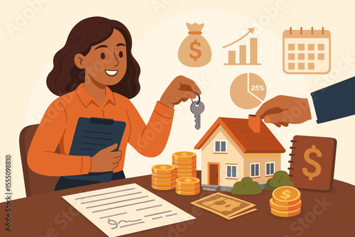 Female real estate agent handing house keys to buyer, mortgage approval, financial planning, home purchase, investment, property sale, contract signing, savings, money, vector illustration