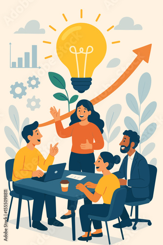 Business team brainstorming session with a lightbulb for a creative idea. Collaboration and teamwork for startup growth and success. Innovation, strategy, and planning concept vector.