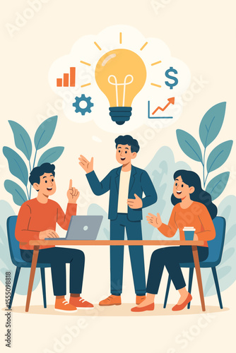 Business team brainstorming session with lightbulb idea. Creative teamwork collaboration for startup growth. People in meeting discussing strategy, finance, and innovation concept.