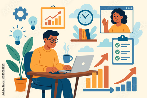 Remote work concept with man on laptop. Home office productivity and time management. Freelancer business growth with data chart, task list, and online meeting. Idea and innovation icons.