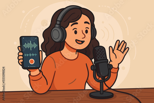 Podcast host recording audio episode with headphones, microphone, and mobile app. Female podcaster broadcasting, streaming, and creating content. Modern digital media production vector illustration