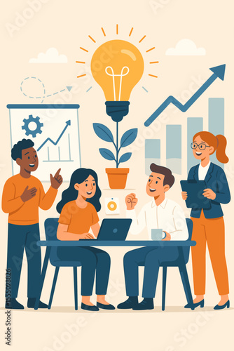 Business team brainstorming session with lightbulb idea. Corporate collaboration for startup growth and success. Creative teamwork meeting with chart. Vector flat cartoon illustration.