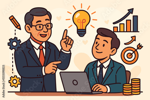 Business mentor coaching employee, providing guidance and innovative solutions. Concept of mentorship, teamwork, professional development, strategy, success, and career growth.