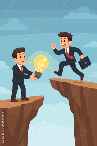 Bridging the gap vector. Businessman helps partner cross a cliff with a big idea lightbulb. Teamwork, support, collaboration, innovation, and partnership for business success concept.